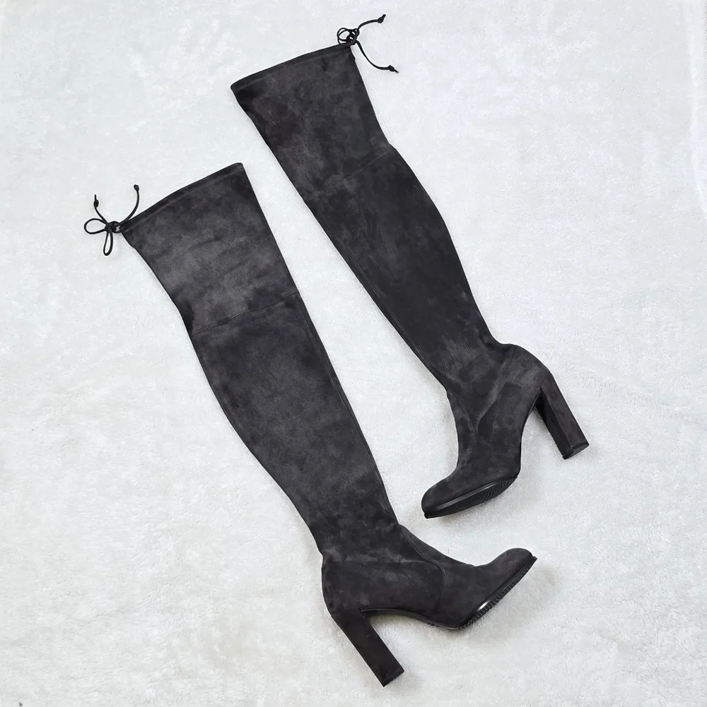 Stuart Weitzman Highland Gray Suede Over-The-Knee OTK Block Heel Boots 8.5
